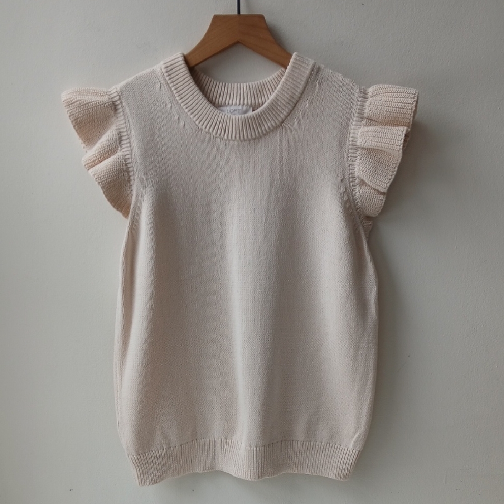 Loft Outlet Flutter Sleeve Cotton Sweater Cream Women's Large - Picture 1 of 6